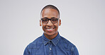 Portrait, happy and student with black man in studio for education, scholarship and college. Space, male pupil and glasses of learning, study opportunity and university curriculum on white background