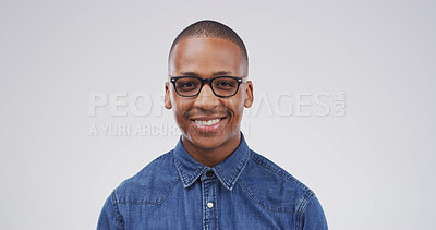 Buy stock photo Portrait, happy or student with black man in studio for education, scholarship or college. Space, male academic or glasses of learning, study opportunity and university curriculum on white background