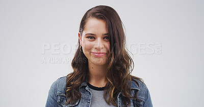 Buy stock photo Beauty, hair and portrait with model on space in studio for conditioner, keratin or shampoo results. Growth, smile and volume with happy woman isolated on white background for haircare satisfaction