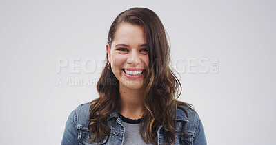 Buy stock photo Hair, portrait and space with woman in studio for conditioner, keratin or shampoo satisfaction. Growth, smile and volume with happy person isolated on white background for haircare results as model