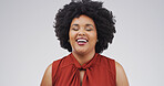 Smile, creative and fashion with black woman in studio for thrifting, stylish clothes and designer. Female person, laughing and trendy apparel, minimalistic outfit and good mood on white background
