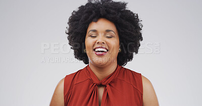 Buy stock photo Smile, African woman and laughing in studio for funny joke, comic expression and good mood. Happy, space and female person with goofy humor, fun personality and positive attitude on white background