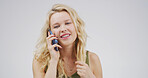 Studio, woman and gossip with contact, phone call and communication with tech, chat or conversation. White background, talking and person with mobile for discussion, positive attitude and listening