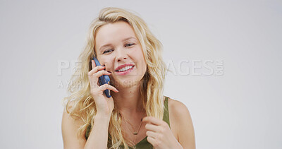 Buy stock photo Studio, woman and gossip with contact, phone call and communication with tech, chat or conversation. White background, talking and person with mobile for discussion, social network and listening