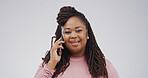 Portrait, phone call and black woman in studio, smile and communication on white background. African person, smartphone and user experience with connection, conversation and chatting to contact