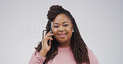 Buy stock photo Portrait, phone call and black woman in studio, smile and communication on white background. African person, smartphone and user experience with connection, conversation and chatting to contact