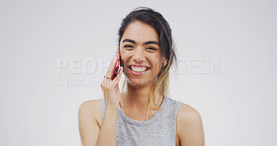 Buy stock photo Laughing, woman and communication with phone call, portrait and listening to funny joke with mobile. White background, person and talking with contact, studio and smile for conversation, tech or chat
