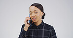 Annoyed, phone call or woman in studio with news, loss or conversation on white background. Feedback, chat and irritated female person on mobile discussion with doubt, network service or mockup space