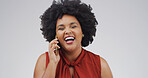 Happy, black woman and laughing with phone call for humor or chat on a white studio background. Female person, African model or smile with mobile smartphone for funny joke, comedy or gossip on space