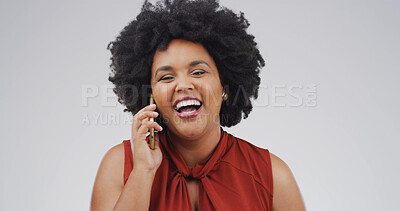 Buy stock photo Happy, black woman and laughing with phone call for humor or chat on a white studio background. Female person, African model or smile with mobile smartphone for funny joke, comedy or gossip on space