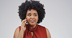 Face, phone call and thinking with woman on studio space for negotiation or networking. Communication, conversation and ideas with African person isolated on white background for mobile feedback