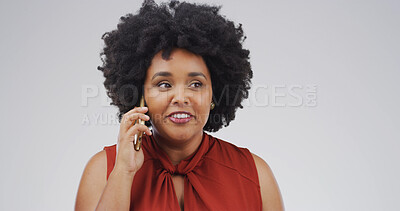 Buy stock photo Face, phone call and thinking with woman on studio space for negotiation or networking. Communication, conversation and ideas with African person isolated on white background for mobile feedback