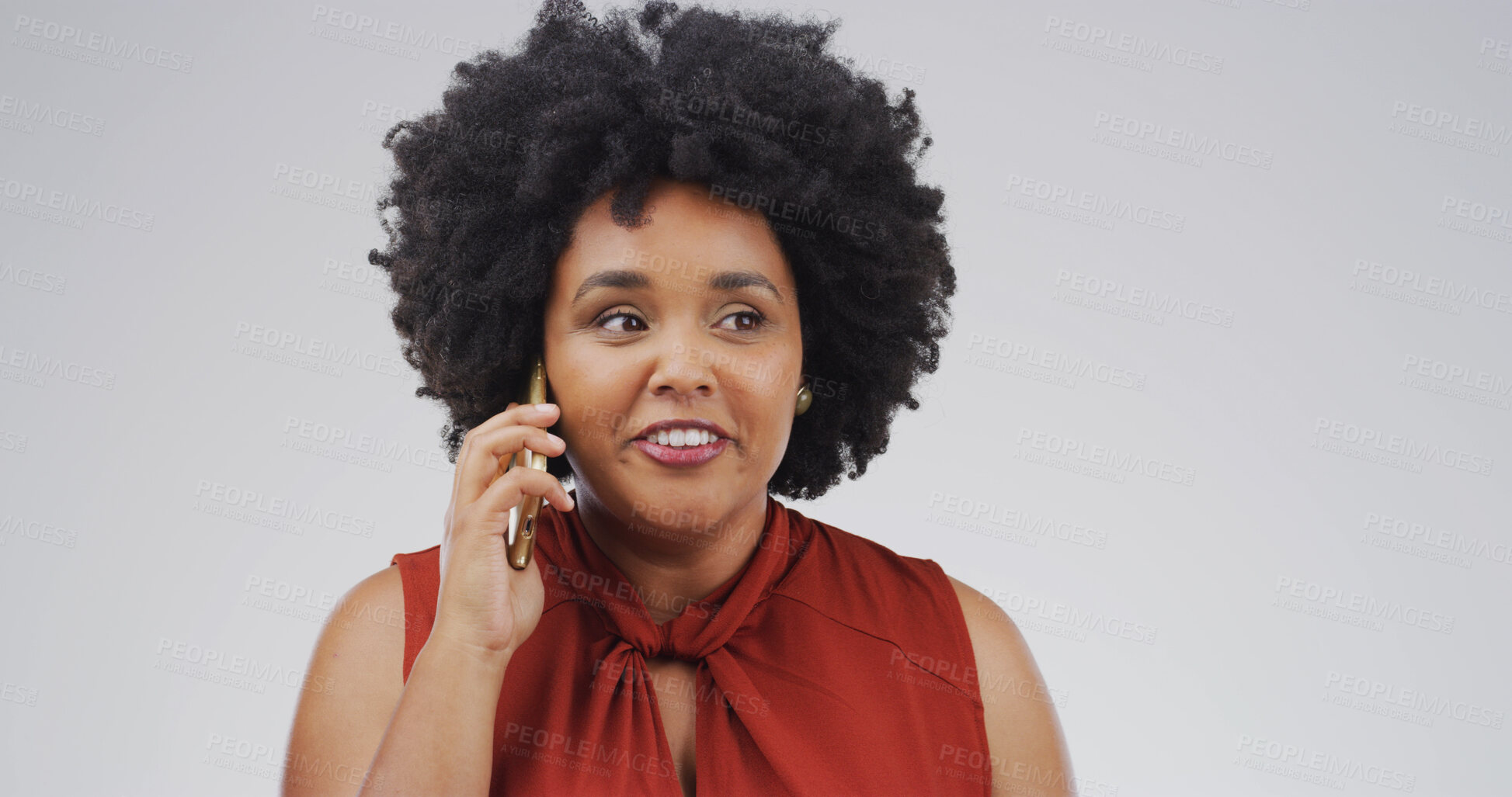 Buy stock photo Face, phone call and thinking with woman on studio space for negotiation or networking. Communication, conversation and ideas with African person isolated on white background for mobile feedback