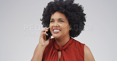 Buy stock photo Phone call, smile and woman in studio for communication, update or listen. Contact, conversation and African person with mobile connection for info, advice or response on white background with space