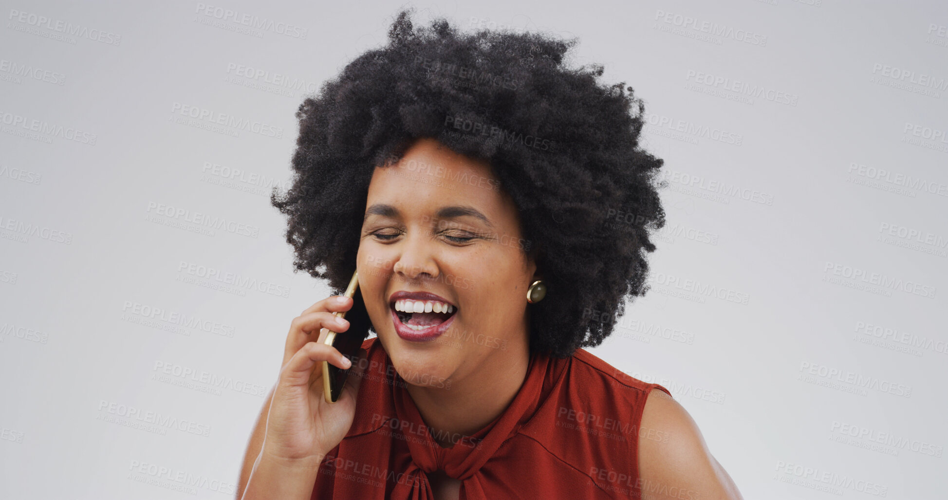 Buy stock photo Happy, black woman and laughing with phone call or afro in studio for humor on a white background. Female person, African model or smile with mobile smartphone for funny joke, comedy or gossip chat