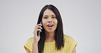 Portrait, phone call and woman in studio, surprise and communication on white background. Person, smartphone and shocked with connection, conversation and chatting to contact, listen and digital app