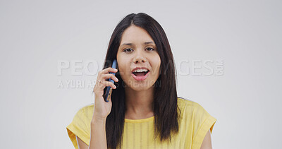 Buy stock photo Portrait, phone call and woman in studio, surprise and communication on white background. Person, smartphone and shocked with connection, conversation and chatting to contact, listen and digital app