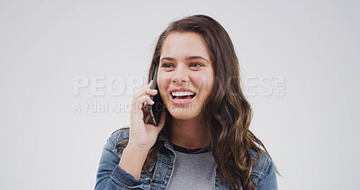 Buy stock photo Woman, happy and phone call in studio for communication, contact or chat isolated on white background. Smile, female person with mobile conversation or networking for connection, space or technology
