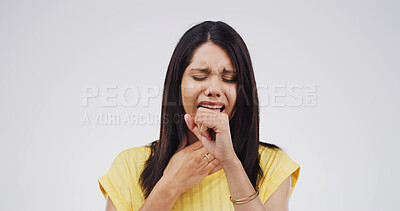 Buy stock photo Cough, sore throat and woman with pain or hand on neck for inflammation, sick or allergy. Person, studio and bacteria infection symptom of respiratory, flu or pharyngitis on white background