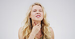 Pain, choke and woman with sore throat on studio space for cold, flu or virus symptoms. Asthma, hurt or female person isolated on white background with allergy, thyroid inflammation or neck injury