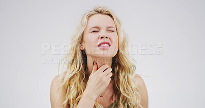 Buy stock photo Pain, choke and woman with sore throat on studio space for cold, flu or virus symptoms. Asthma, hurt or female person isolated on white background with allergy, thyroid inflammation or neck injury