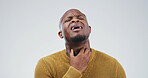 Black man, sore throat and sick with illness in studio, frustrated or fatigue with flu on white background. Person, stress and mockup space for allergy, bacteria or tired with cold, virus or disease