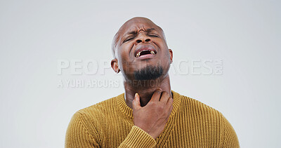 Buy stock photo Black man, sore throat and sick with illness in studio, frustrated or fatigue with flu on white background. Person, stress and mockup space for allergy, bacteria or tired with cold, virus or disease