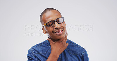 Buy stock photo Sick, sore throat and black man in studio with flu, cold or allergies by mockup space for respiratory disease. Illness, asthma and African male person with tuberculosis infection by white background.
