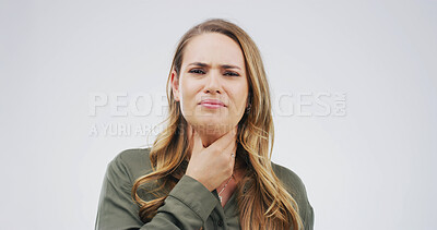 Buy stock photo Bacteria, portrait and sore throat with woman on studio space for cold, flu or virus symptoms. Asthma, condition or infection with unhappy person isolated on white background for breathing difficulty