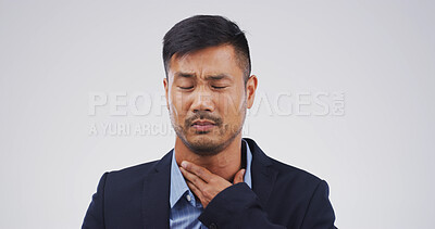 Buy stock photo Businessman, sore throat and illness with pain in studio, burnout and tired with flu on white background. Person, infection and mock up space for allergy, bacteria and frustrated with disease