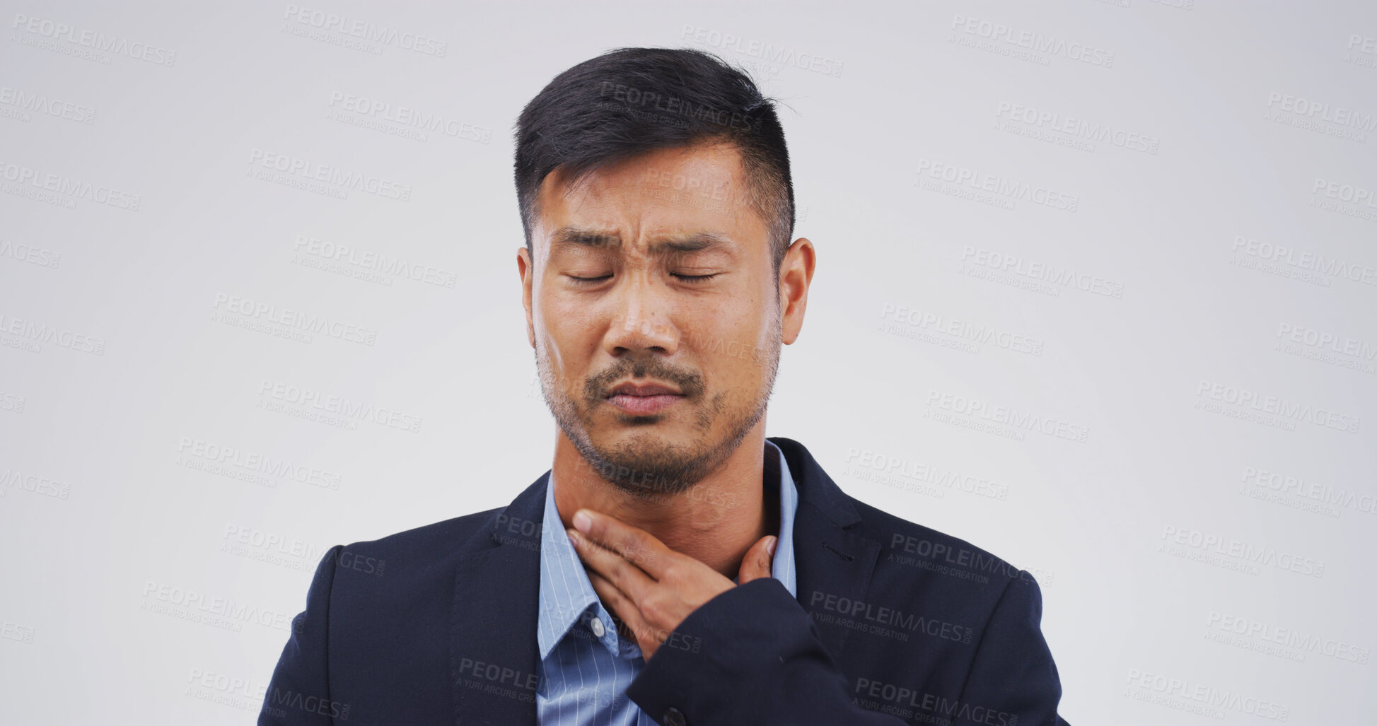Buy stock photo Businessman, sore throat and illness with pain in studio, burnout and tired with flu on white background. Person, infection and mock up space for allergy, bacteria and frustrated with disease