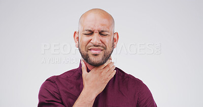 Buy stock photo Medical, sore throat and man in studio with flu, cold or allergies by mockup space for respiratory disease. Illness, asthma and male person with tuberculosis, sick or infection by white background.
