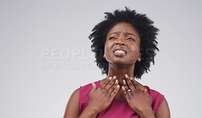 Buy stock photo Black woman, throat infection and sick in studio, respiratory illness or flu on white background. Person, frustrated and mockup space for allergy, bacteria or pain with virus, stress or fatigue