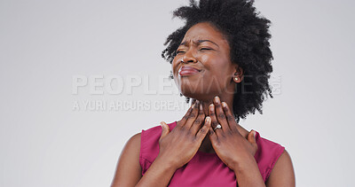Buy stock photo Black woman, throat infection and pain in studio, respiratory illness or flu on white background. Person, frustrated and mockup space for allergy, bacteria or sick with virus, stress or fatigue