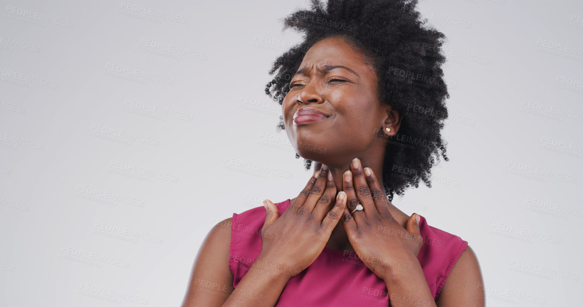 Buy stock photo Black woman, throat infection and pain in studio, respiratory illness or flu on white background. Person, frustrated and mockup space for allergy, bacteria or sick with virus, stress or fatigue