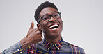 Positive, portrait or black man with thumbs up in studio for success, good job and vote approval. Mockup, excited and person with like emoji for agreement, confirmation or support on white background