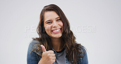 Buy stock photo Portrait, smile and woman with thumbs up in studio for success, support or agreement. Happy, model and like hand gesture with emoji for feedback, excellence and review on white background space