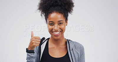 Buy stock photo Portrait, woman and symbol with thumbs up in studio for good news, agreement and like feedback. Space, female person and hand gesture for thank you, support vote and show decision on white background