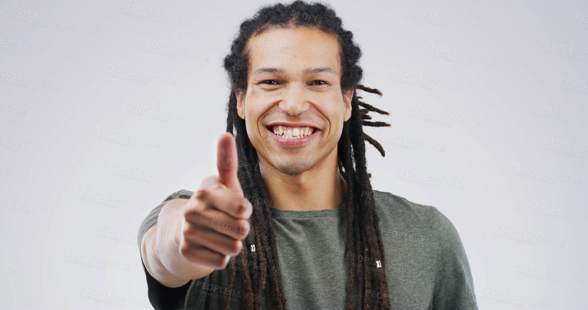 Buy stock photo Happy man, portrait and winning with thumbs up in studio for good job on a white background. Male person, model or smile with like emoji, yes sign or OK for well done, thank you or success on space
