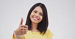 Happy woman, portrait and thumbs up in studio for success or good job on a white background. Face, female person or model with smile, like emoji or yes sign for welll done, thank you or OK on space