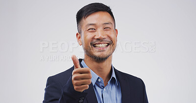 Buy stock photo Happy asian man, portrait or thumbs up in studio for good job or OK on a white background. Face, businessman or model with smile, like emoji or yes sign for thank you or corporate success on space