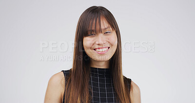 Buy stock photo Smile, professional and portrait of business asian woman in studio for interior designer, project progress and pride. Startup, opportunity and happy with female person on white background space