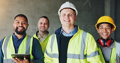Buy stock photo Men, team and portrait at construction site, smile and tablet for safety, renovation or digital plan for job. Group of people, builder or engineer for architecture project, happy or pride in industry