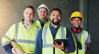Buy stock photo Men, team and portrait at construction site, happy and tablet for planning, renovation or blueprint for job. Group of people, builder and engineer for architecture project, smile or pride in industry
