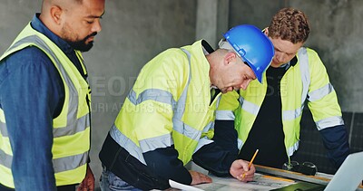 Buy stock photo Man, writing and group at construction site with blueprint, review or meeting for renovation project. Architect, checklist and staff for documents, feedback and floor plan for property development
