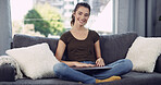 Happy woman, portrait and freelancer with laptop on sofa for blog, article or research in home. Female person, journalist or remote work with smile on computer for online story or research in house