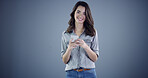 Intern, phone and smile with portrait of woman in studio for social media, branding and communication. Learning opportunity, campaign research and online launch with person on background space