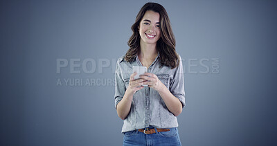 Buy stock photo Intern, phone and smile with portrait of woman in studio for social media, branding and communication. Learning opportunity, campaign research and online launch with person on dark background space