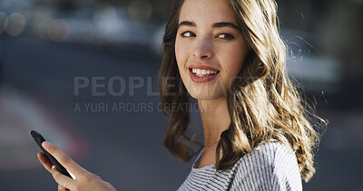 Buy stock photo Thinking, woman or typing with phone in city for direction search, online navigation or sightseeing. Space, happy tourist and smartphone outdoor for urban town map, networking and explore location