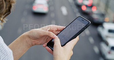 Buy stock photo Hands, texting and chat on smartphone, city and communication with tech on social media and website. Typing, online and person with mobile app for message, screen and network with contact or outdoor